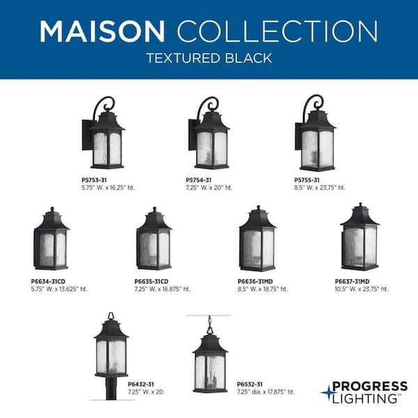 Maison Collection 1-Light Textured Black Clear Water Seeded Glass Farmhouse Outdoor Extra-Large Wall Lantern Light