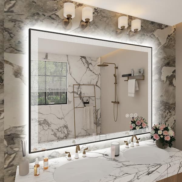 Apmir 48 in. W x 36 in. H Rectangular Framed Checkerboard LED Lighted Anti-Fog Tempered Glass Wall Bathroom Vanity Mirror