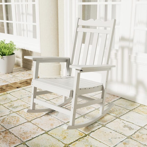 White Plastic Adirondack Rocking Chair with Big Armrest Weather Resistant, Fire Pit Outdoor Rocking Chair