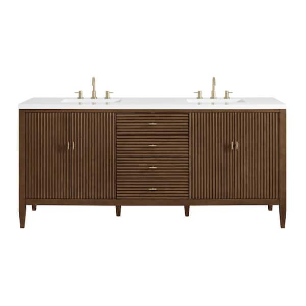 James Martin Vanities Myrrin 72.0 in. W x 23.5 in. D x 34.06 in. H Double Bathroom Vanity in Mid-Century Walnut with White Zeus Quartz Top