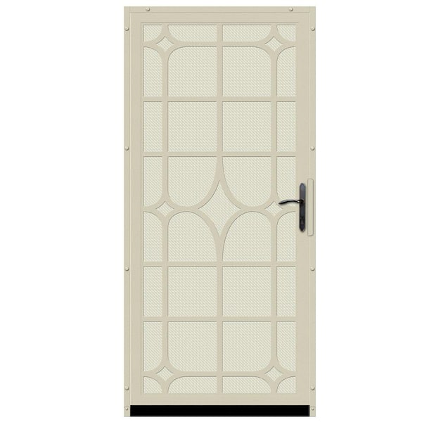 Unique Home Designs 36 in. x 80 in. Lexington Almond Surface Mount Steel Security Door with Almond Perforated Screen and Bronze Hardware