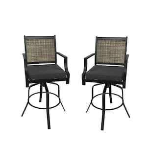 Black Aluminum Frame Outdoor Dining Chair 360° Swivel Chair Bar Stool with Cushion and Textilene Backrest (Set of 2)