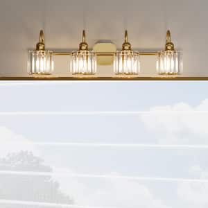 Merrin 32 in, 4-Light Brushed Gold Bathroom Vanity Light with Crystal Shades