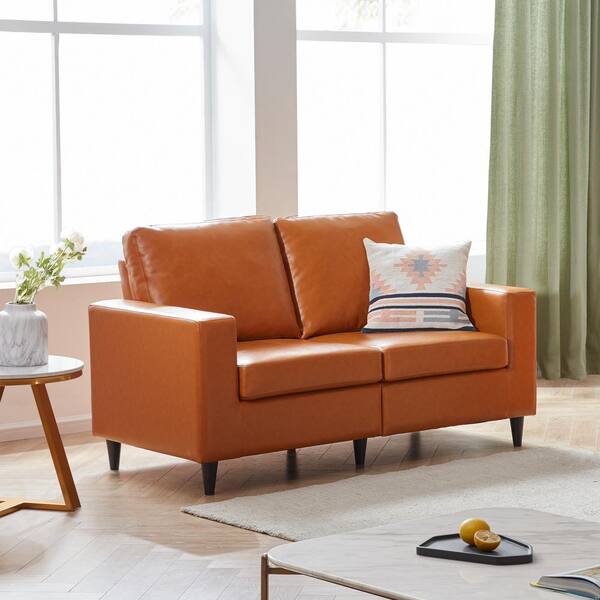 Spaco 60 In Wide Square Arms Faux Leather Straight Modern Style Upholstered 2 Seats Loveseat Sofa Brown Mb Wf212760aad Spaco 60 In Wide Square Arms Faux, Calgary Sofa Vintage Brown Leather