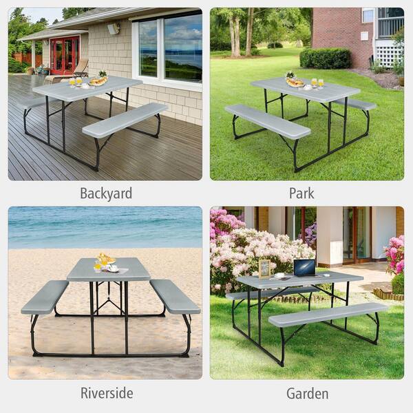 Gtnali 54 in. W Gray Rectangle Steel Folding Picnic Table Seats 4