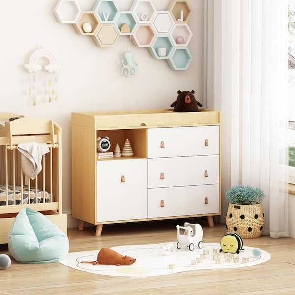 WIAWG Brown Wood 4-Drawer, 44.9 in. W Wood Chest of Drawers Nursery Storage Organizer with Changing Table Open Shelf