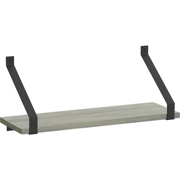 Liberty 24 in. x 8 in. x 6 in. Grey Stained Solid Pine Decorative Wall Shelf with Matte Black Rustic Steel Brackets