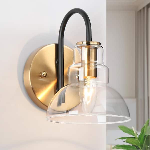 1-Light Brass-Plated Indoor Wall Sconce Lighting, Modern Farmhouse Wall Light Fixtures, Clear Glass Black Vanity Light