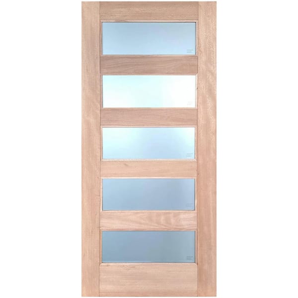 Unbranded 36 in. x 80 in. Reversible 5-Lite Frosted Glass Unfinished Mahogany Wood Front Door Slab with Double-layer TemperedGlass