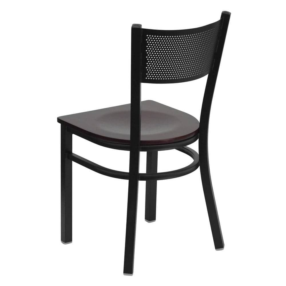 Hercules Series 33'' Black Grid Back Metal Chair with Mahogany Wood Seat