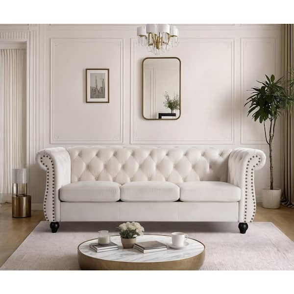 Chesterfield 83 in. Wide Rolled Arm Velvet Modern Straight Rectangle Sofa in Ivory