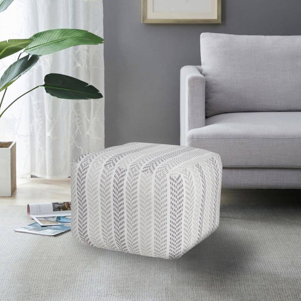 Transitional Chevron Stripe Square Pouf in Gray and White, 18" x 18" x 14"