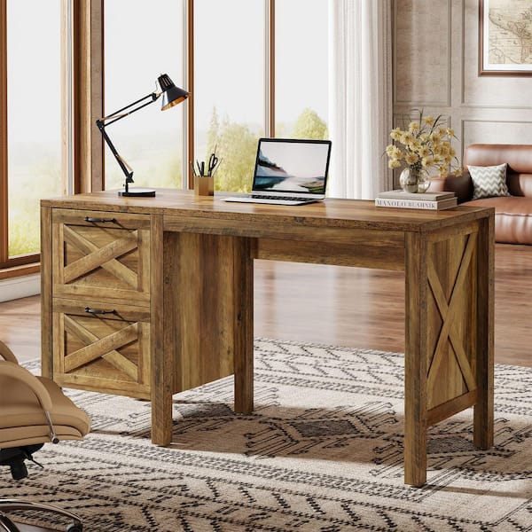 TRIBESIGNS WAY TO ORIGIN 55 in. Rectangular Rustic Brown Wood 2-Drawer Computer Desk with File Storage, Study Writing Table for Home Office