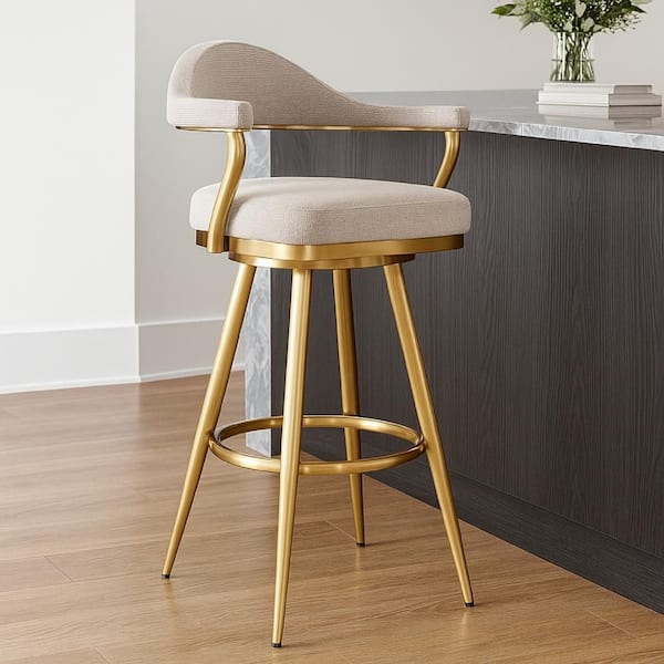 Benjara Justy 41 H Taupe and Gold Metal Bar Stool with