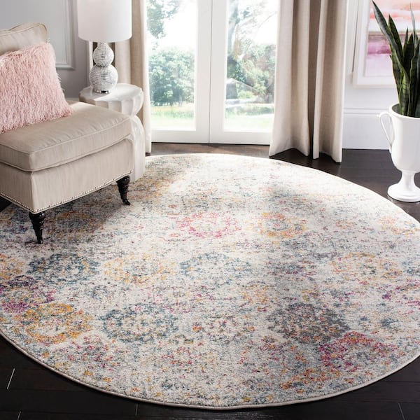 Madison Grey/Gold 12 ft. x 12 ft. Border Floral Medallion Geometric Round Area Rug