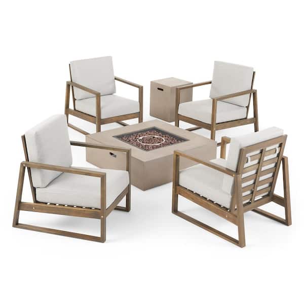 Belgian Grey 6-Piece Wood Outdoor Patio Fire Pit Seating Set with Light Grey Cushions