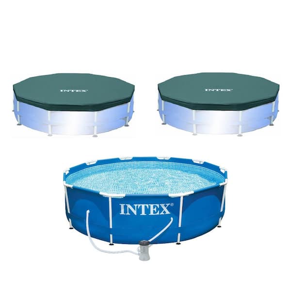 Intex 10 ft. x 2.5 ft. Round Frame Pool with Filter Pump and 10 ft. Vinyl Cover (2-Pack)