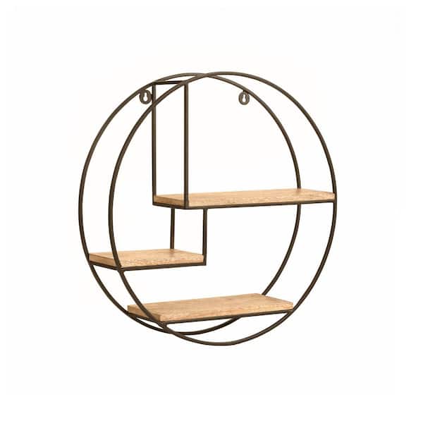 Marly 4.75 in x 19.5 in x 19.5 in. Bronze and NaturalWood Iron and Wood Floating Decorative Round Wall Shelf