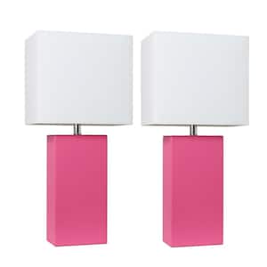 21 in. Modern Hot Pink Leather Table Lamps with White Fabric Shades (2-Pack)
