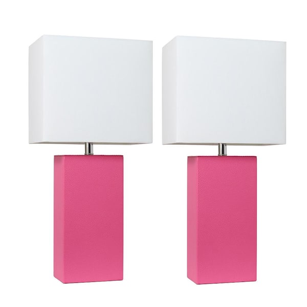 Elegant Designs 21 in. Modern Hot Pink Leather Table Lamps with White Fabric Shades (2-Pack)