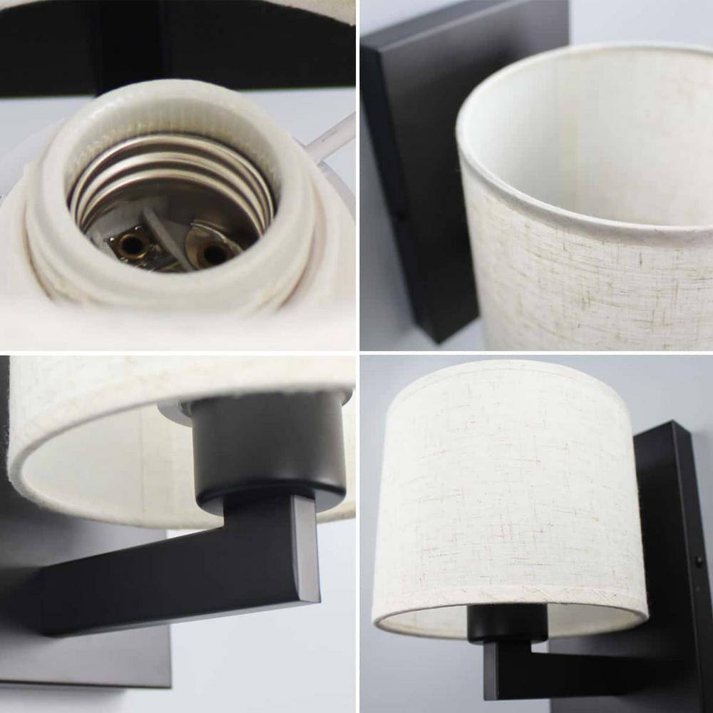 Matte Black Wall Sconce with Beige Fabric Drum Shade
