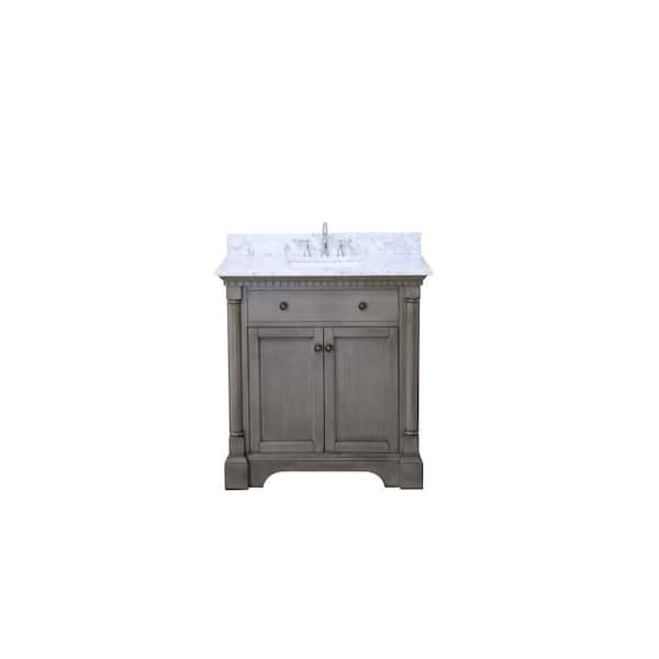 Ari Kitchen and Bath Stella 31 in. Bath Vanity in Antique Gray with Marble Vanity Top in Carrara White with White Basin