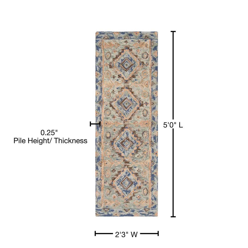 Handmade Tufted Floral Blue Wool Runner Rug 27" x 5"