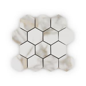 3 in. Hexagon Calacatta Gold/White 9.625 in. x 10.375 in. Textured Matte Porcelain Wall/Floor Mosaic Tile(7.161 SF/Case)