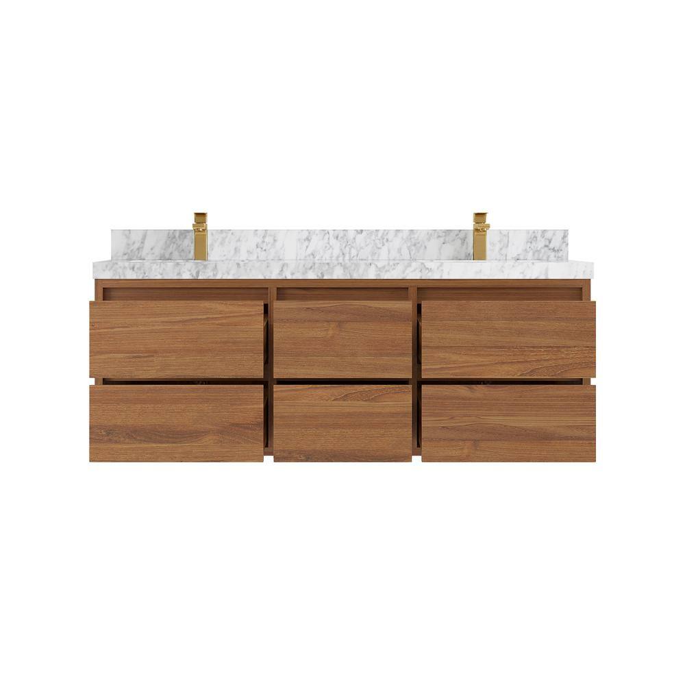 Madison 60'' Dark Natural Teak Double Wall-Mount Vanity with Carrara Marble Top