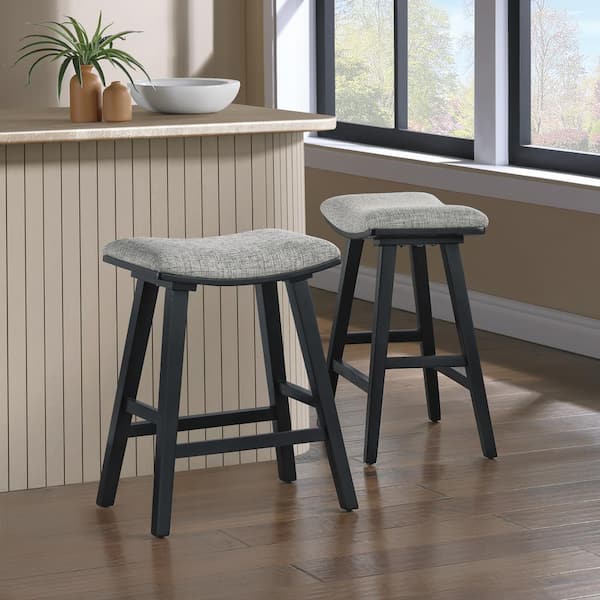 OSP Home Furnishings Coley 25 in. Black Wash Backless Wood Frame Saddle Bar Stool with Graphite Fabric Seat (2-Pack)