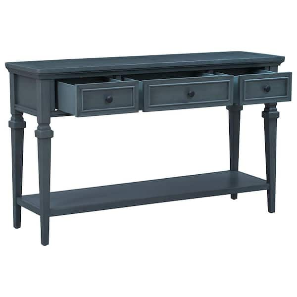 URTR 50 in. Navy Rectangle Wood Console Table with 3 Top Drawers and ...