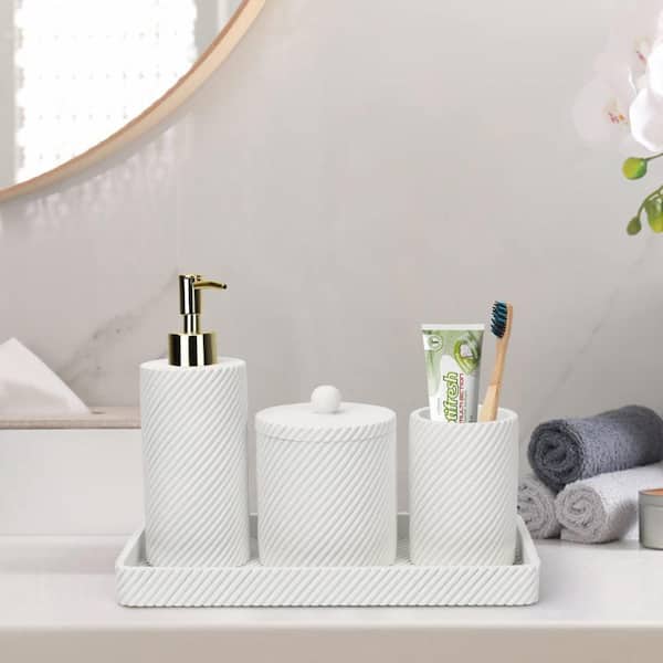 Dracelo 4-Piece Bathroom Accessory Set with Toothbrush Holder, Vanity Tray,  Soap Dispenser, Qtip Holder in. White B0B2VLM1QV - The Home Depot