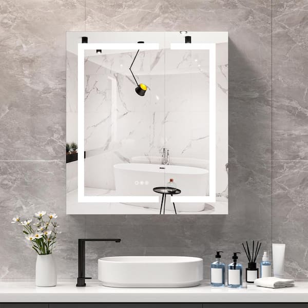 WOODSAM 32 in. W x 36 in H Rectangular Aluminum Recessed/Surface Mount Bathroom Medicine Cabinet with Mirror and LED Light