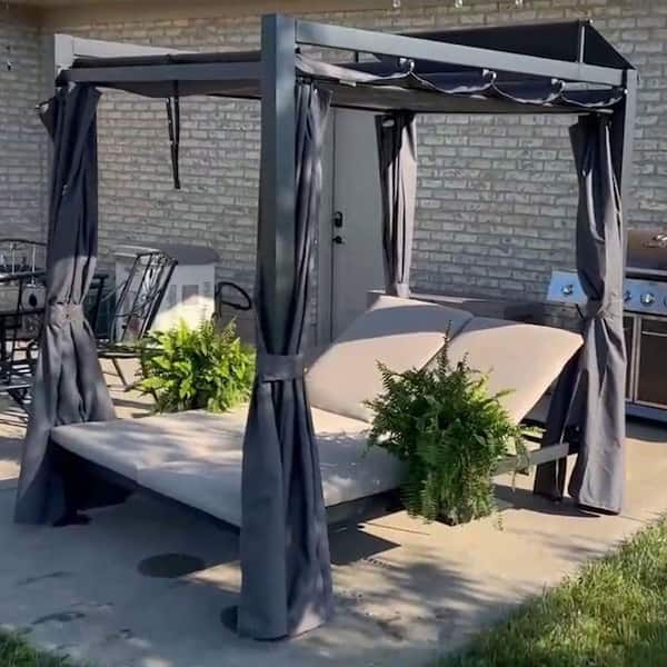 5 ft. x 5 ft. Outdoor Aluminum Pergola with Adjustable Canopy and Built-In Double Chaise Lounge