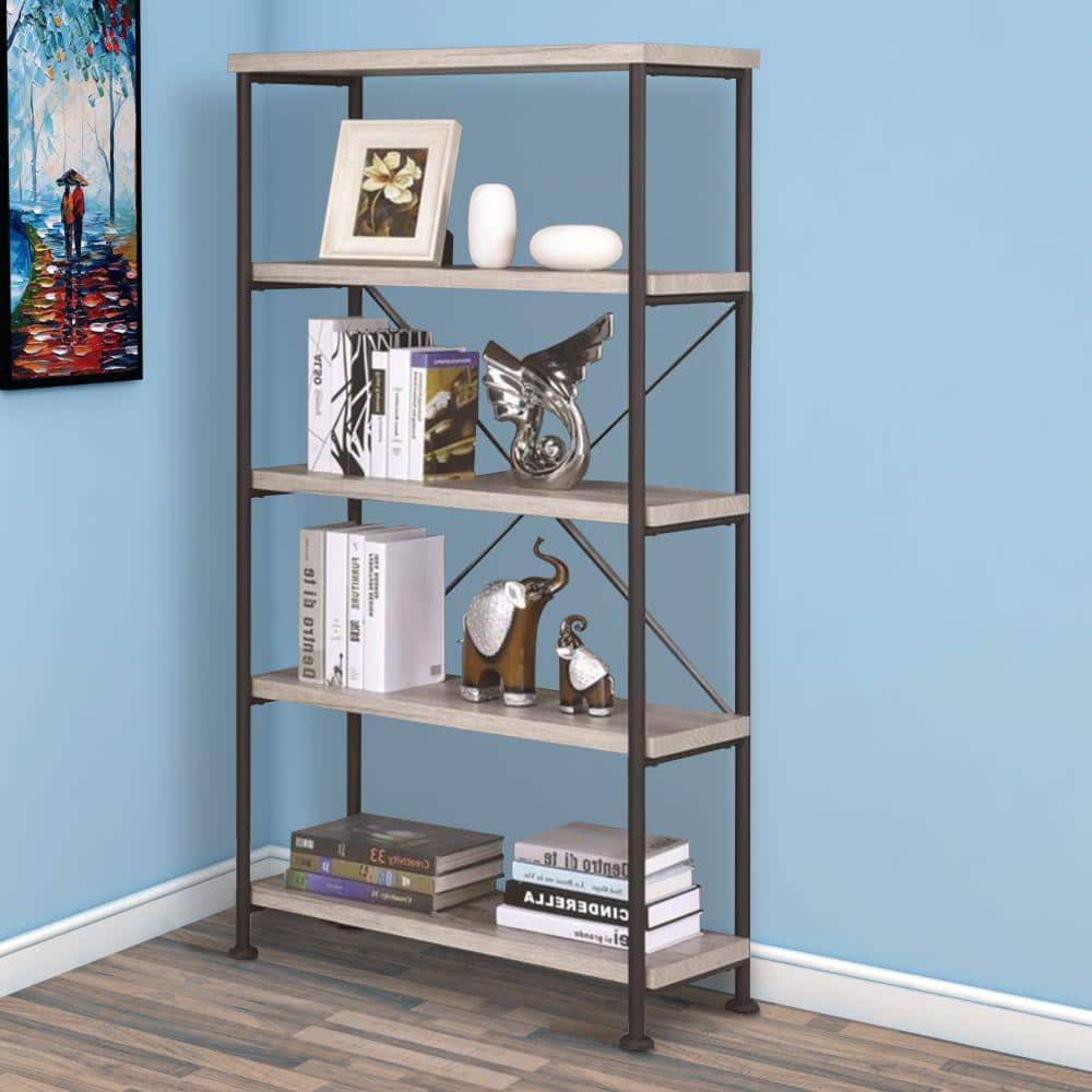 Gray Driftwood and Black Metal 4-Tier Bookcase