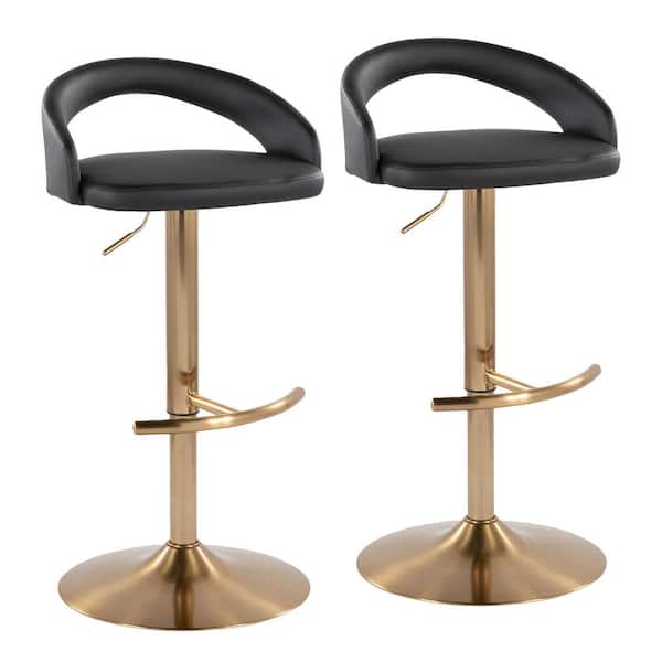 Lumisource Grotto Upholstered 39 in. Gold Metal and Black Faux Leather Adjustable Bar Stool (Set of 2)