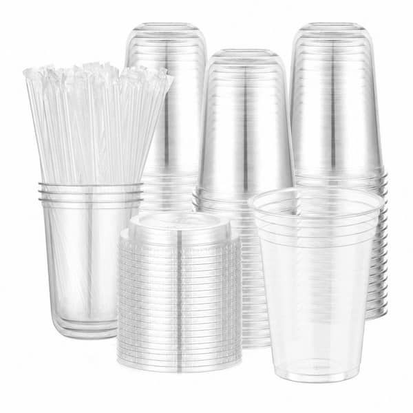 50 Set 16 oz. Clear Plastic Disposable Cups with Lids and Straws Cold Drink Tableware Party Catering Case