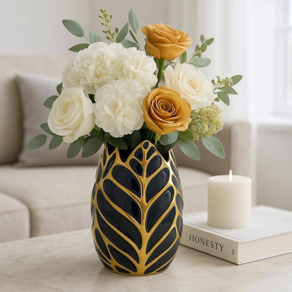 8 in. Blue Ceramic Leaf with Gold Accent Decorative Vase price history on PriceWatchPro