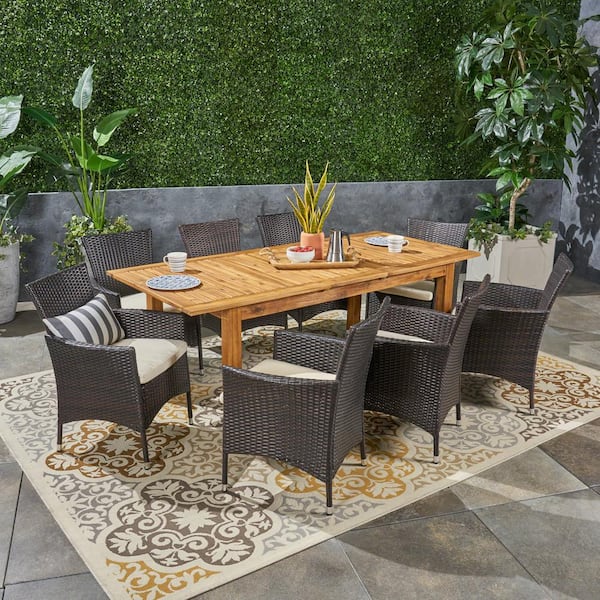 Noble House Nadia Multi-Brown 9-Piece Wood and Faux Rattan Outdoor Dining Set with Beige Cushions