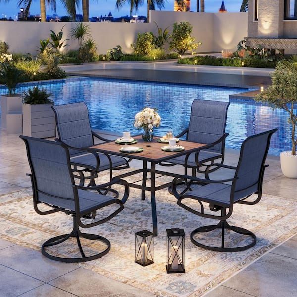 Black 5-Piece Metal Outdoor Dining Set with Square Patio Table and Swivel Padded Blue Textilene Outdoor Dining Chair