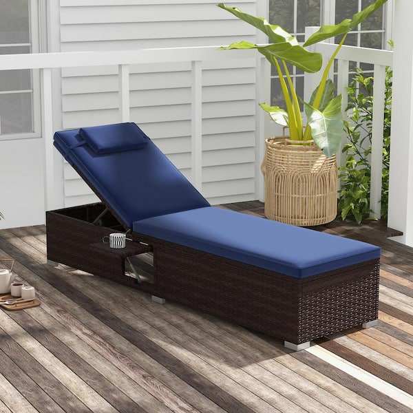 FORCLOVER PE Wicker Outdoor Chaise Lounge with Navy Cushions and 6-Level Backrest