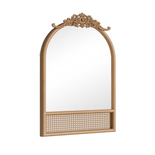Unbranded Brown 24 in. W x 36 in. H Solid Wood Carved Rattan Right-Angled Arched Mirror Wall-Mounted Mirror