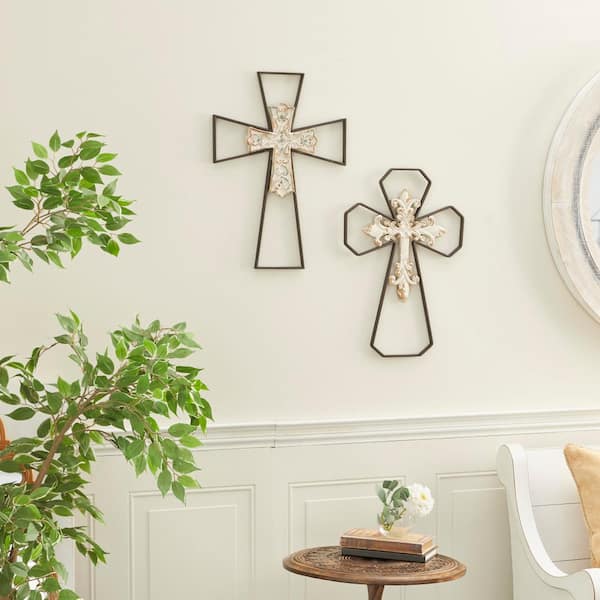 Litton Lane Metal Black Carved Wood Cross Wall Decor (Set of 2)