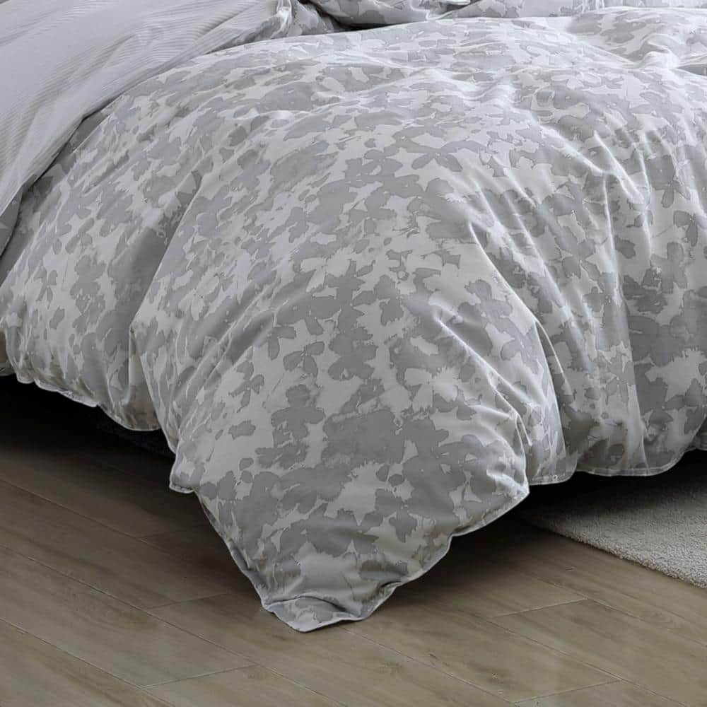 King Size Organic Cotton Grey Floral Duvet Cover Set