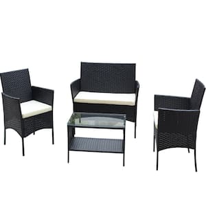 4-Piece Black Outdoor Rattan Wicker Conversation Set Patio Sofa Set with Coffee Table and Beige Cushions