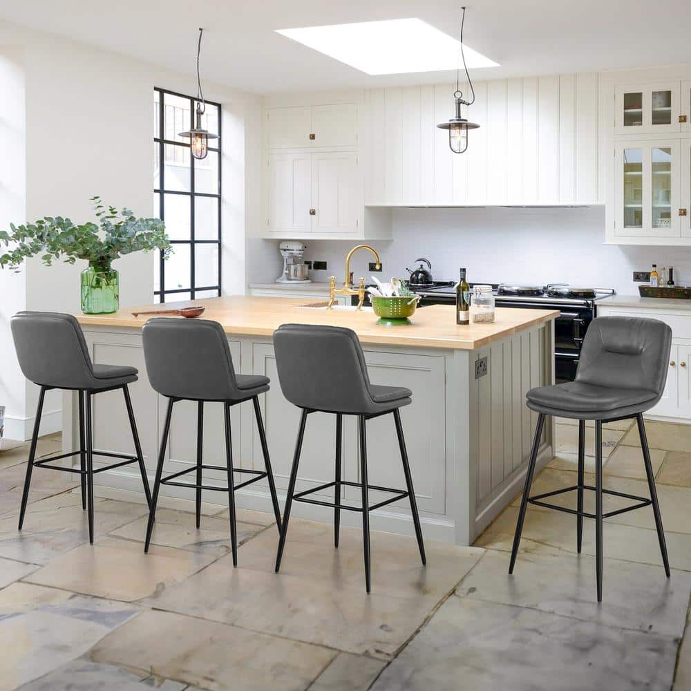 Gray Faux Leather and Metal Bar Height Stools Set of 4