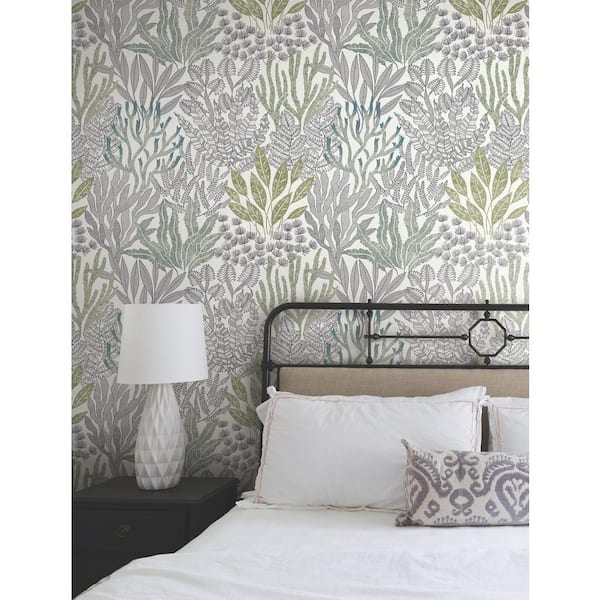 Coral Leaves Blue and Green Wallpaper Roll