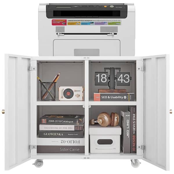CSC DECOR INC No-Drawer White Metal 23.6 in. W Lateral File Cabinet Mobile Printer Stand with Grid Storage Printer Tables Storage Cart