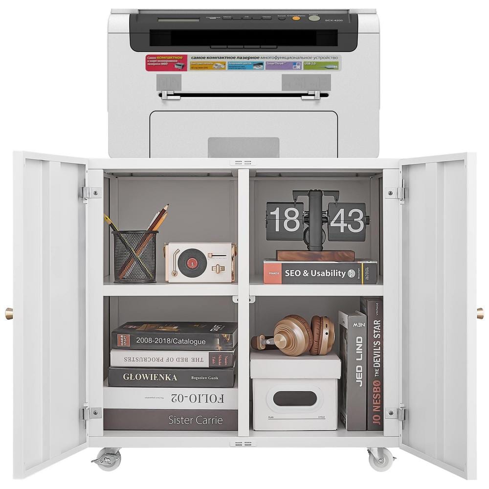 No-Drawer White Metal 23.6 in. W Lateral File Cabinet Mobile Printer Stand 