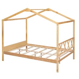 Natural Full Kids Wood House Bed Frame, Playhouse Bed with Slats, Roof and Built-in Storage, No Box Spring Needed